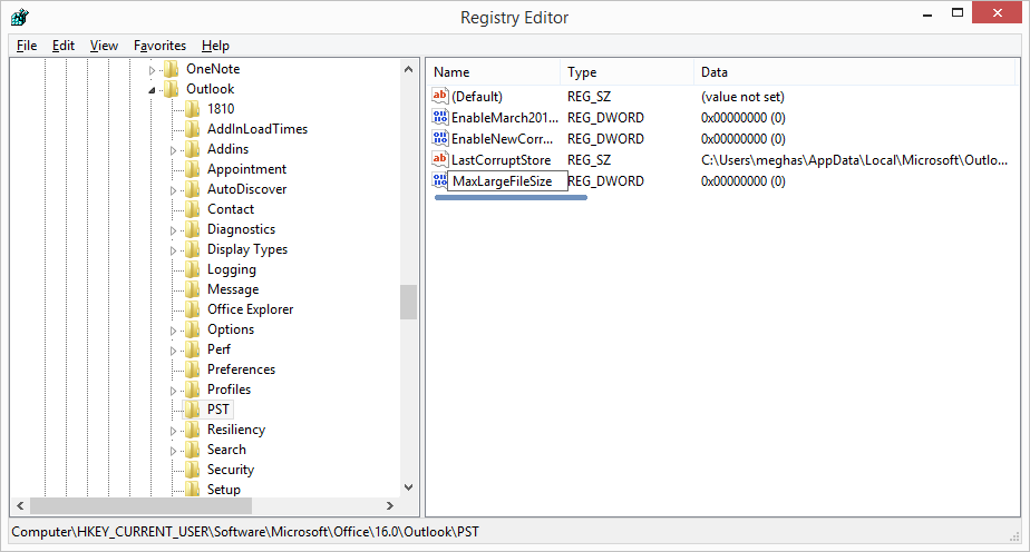 Provide the registry name as MaxLargeFileSize