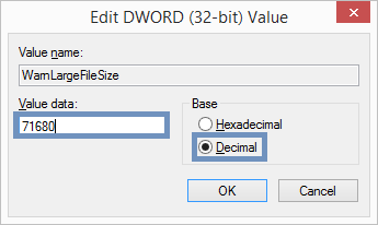 Create DWORD value WarnLargeFileSize