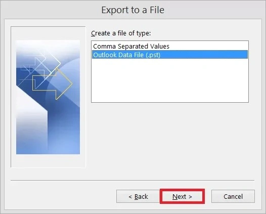select the outlook data file