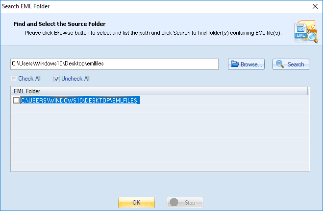 Find the EML file using find button