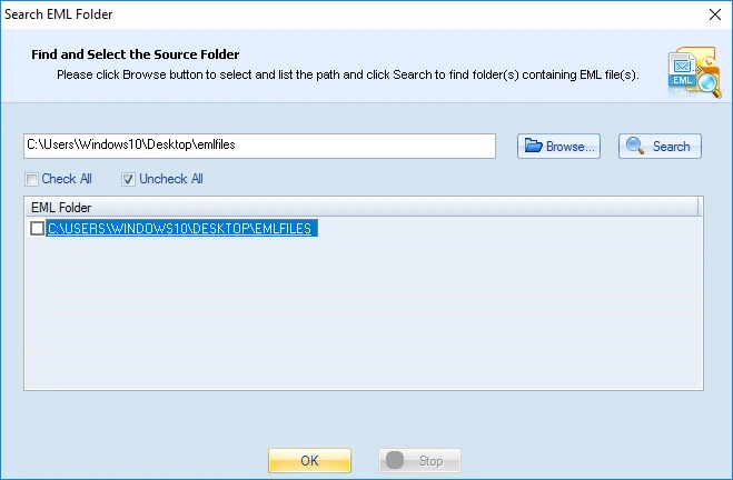 Find the EML file using find button