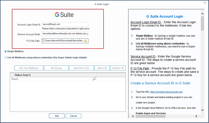 Enter the Google Workspace account details