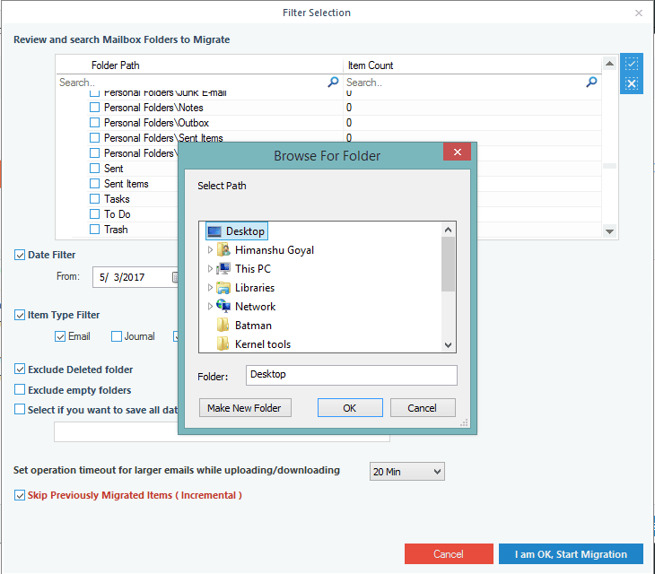 Provide location for saving the backup PST file