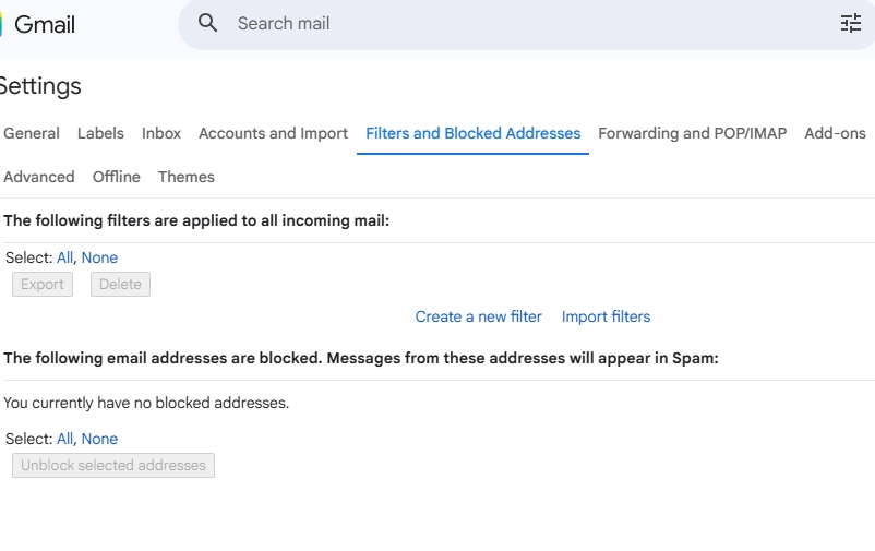 Click on the Filters and Blocked Addresses option