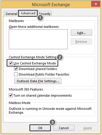 go to the Advanced tab and then uncheck the Use Cached Exchange Mode option