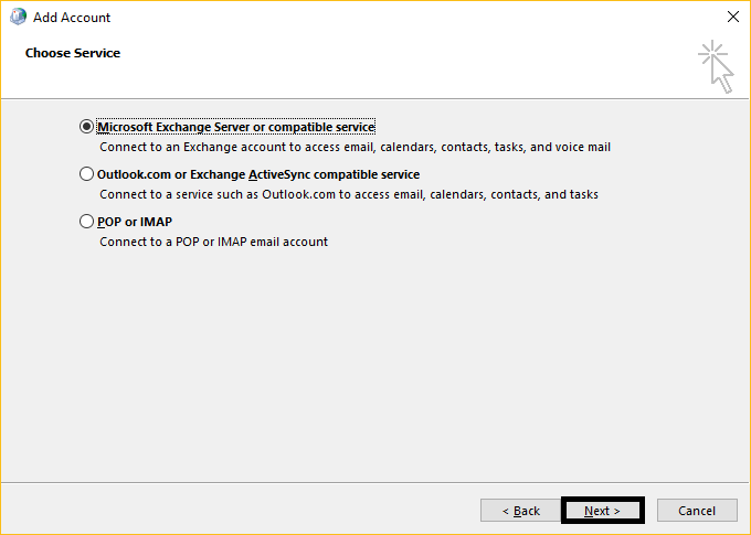 Choose Service as Microsoft Exchange Server