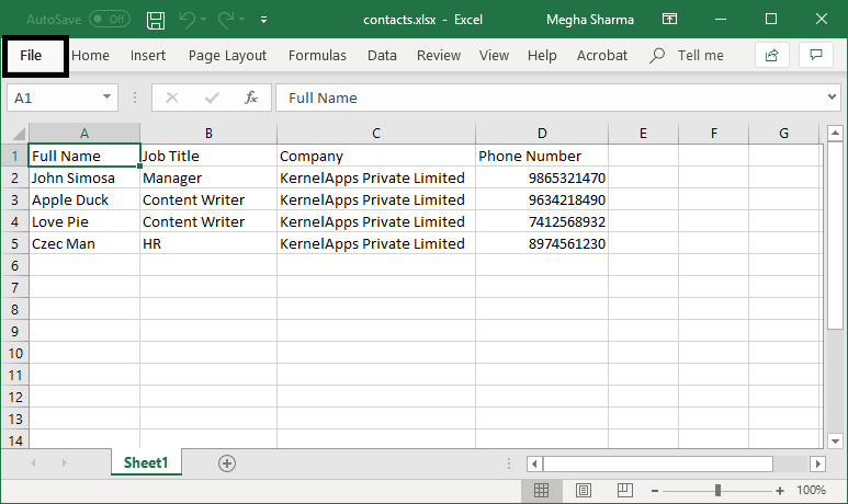 Prepare an Excel sheet with the required details