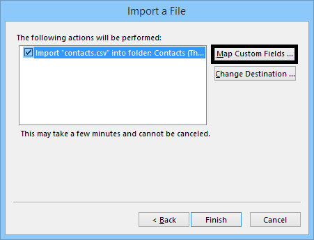 Map the custom fields between the source Excel file and Outlook contacts