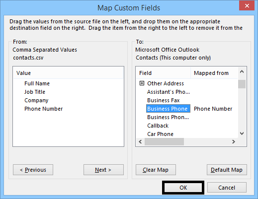 Map the source file values to values in Outlook contacts