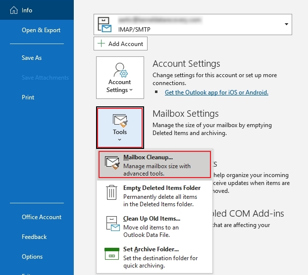 click on Mailbox Cleanup