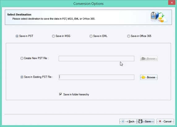 Select 'Save in Existing PST File' option