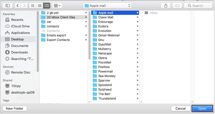 Locate the MBOX files then click to open