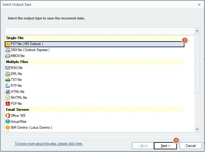 Select PST file as saving output type