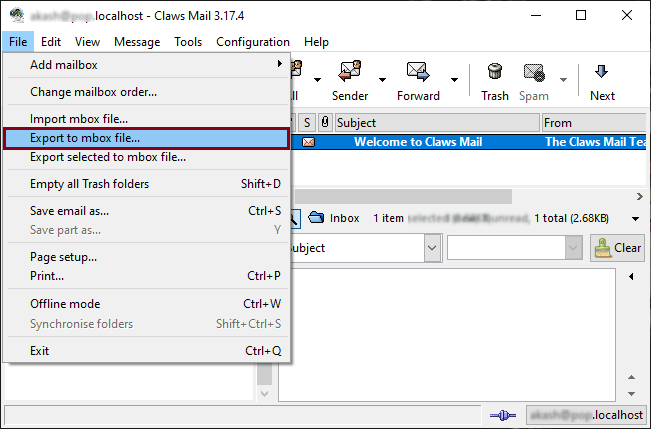 click on Export to mbox file