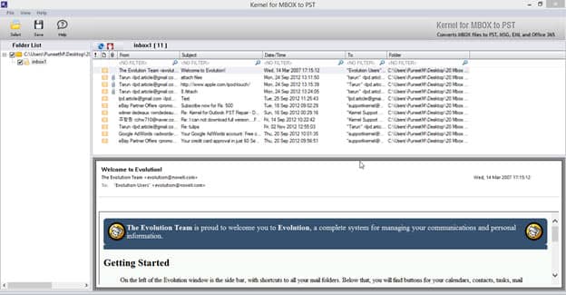 Screen of descriptive of the MBOX files