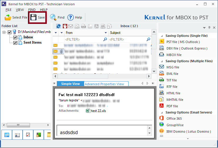 Preview of Evolution MBOX file