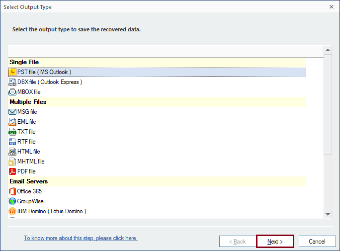 Select PST file as a saving option