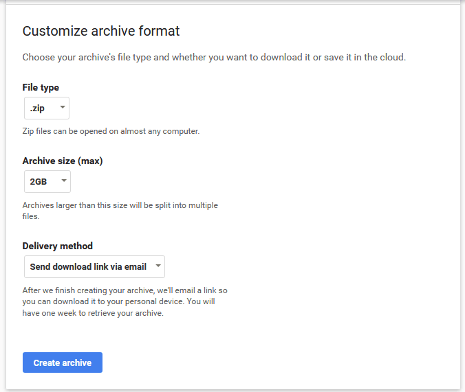 select the required file type and delivery method