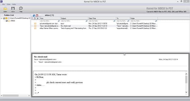 Screenshot of selected GNUMail MBOX files