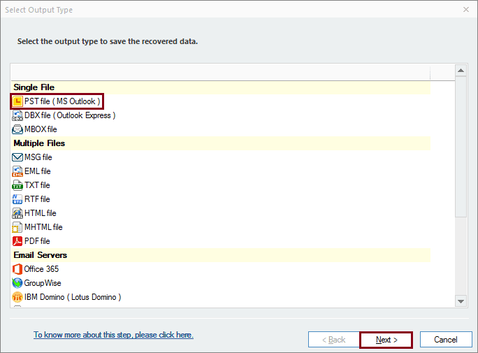 Select PST file format as saving option