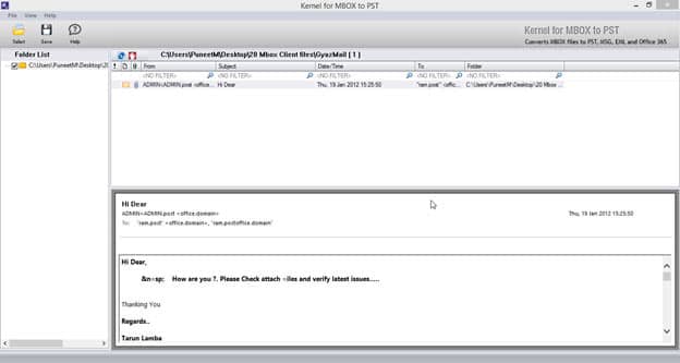 Screen of descriptive of the MBOX files