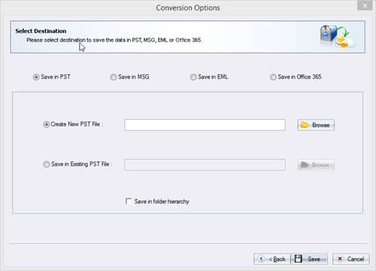 Select 'Create new PST or Save in existing PST' options