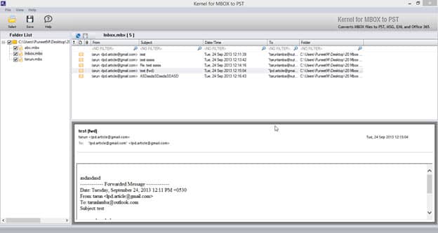 Screenshot of selected Mulberry MBOX files