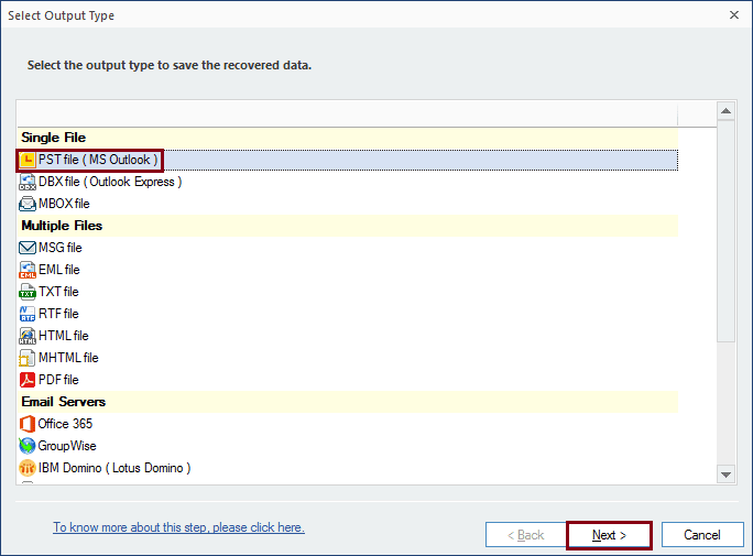 Select PST file sa a saving option