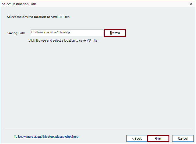 Select location to save PST file