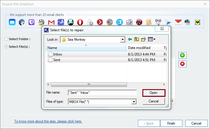 Select the SeaMonkey MBOX files