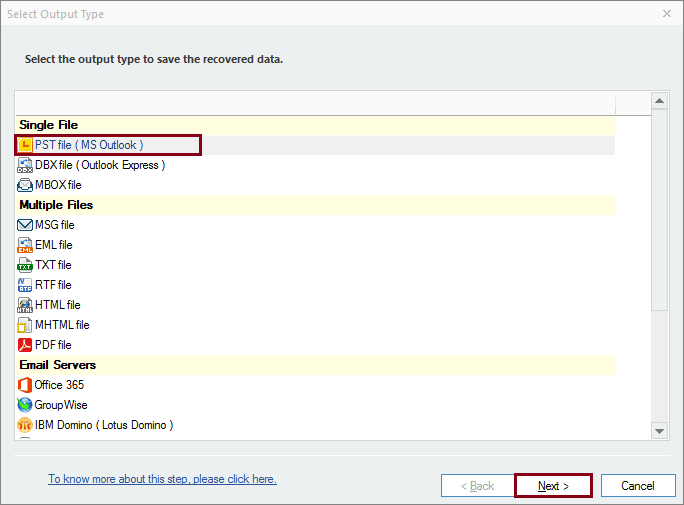 Select PST as the output type