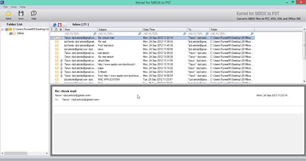 Screenshot of selected SeaMonkey MBOX files