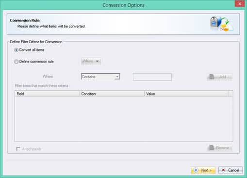 Filter criteria for the conversion