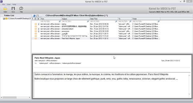 Screenshot of selected MBOX files