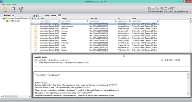 Screenshot of selected MBOX files
