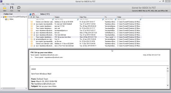 Screenshot of selected Thunderbird MBOX files