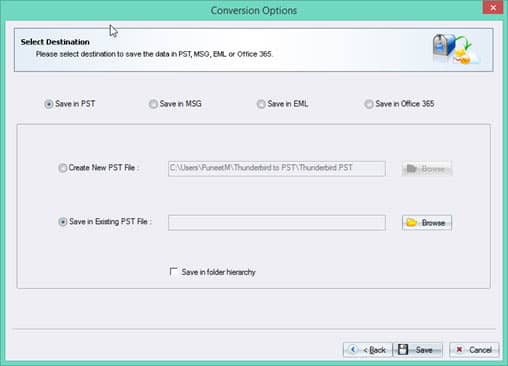 Select options ‘Create New PST file’ or ‘Save in Existing PST File’