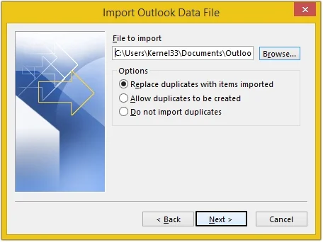 select option from import  outlook file