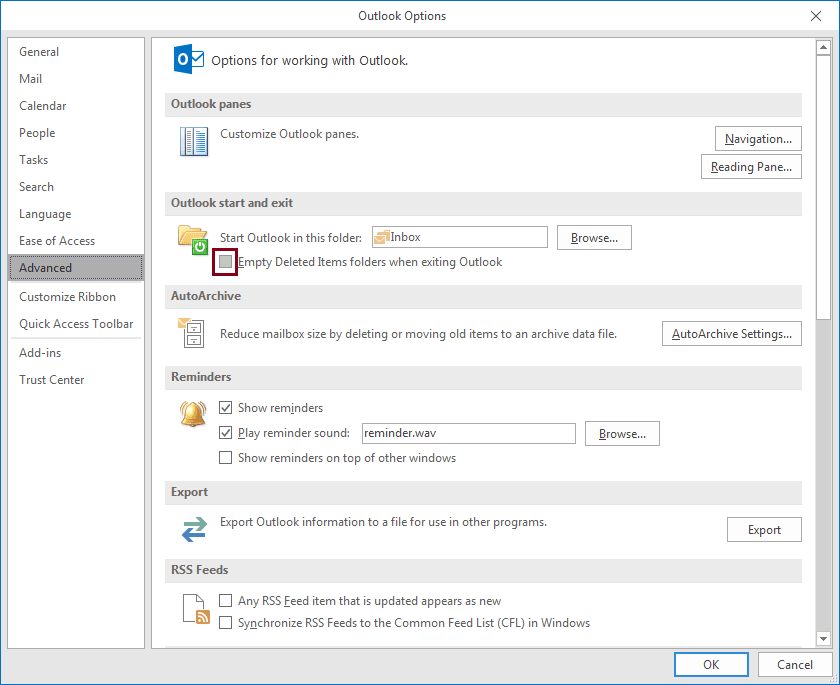 Check Empty Deleted Items folder when exiting Outlook