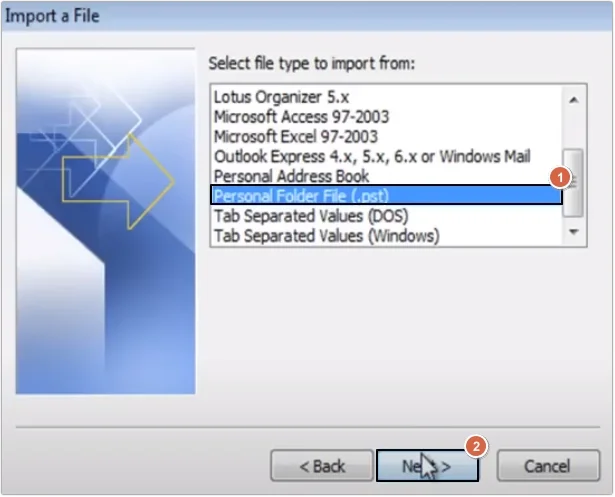 select personal folder file