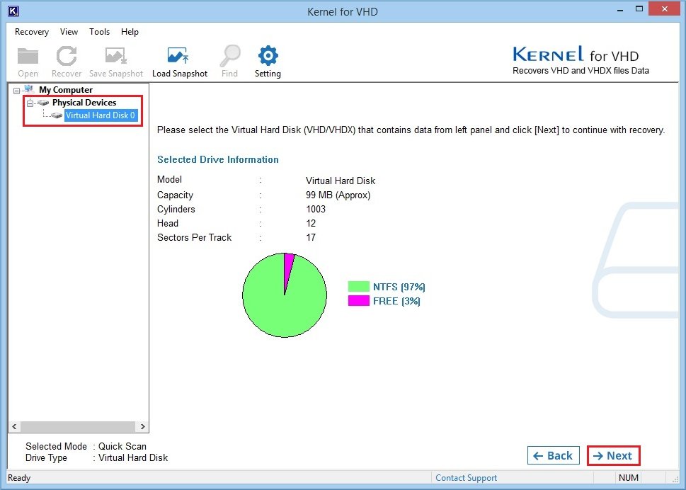 Select the virtual hard disk drive to recover