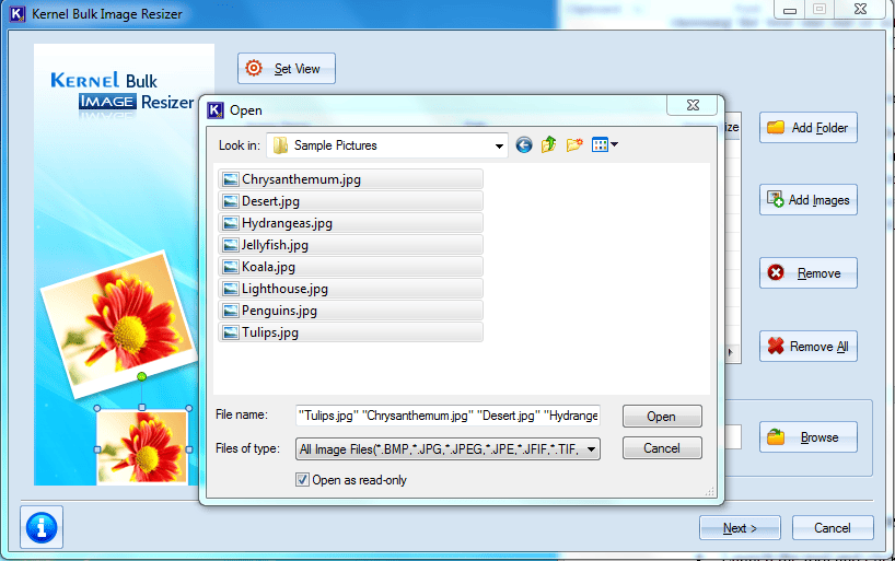 Navigate to the folder containing images > Select the images