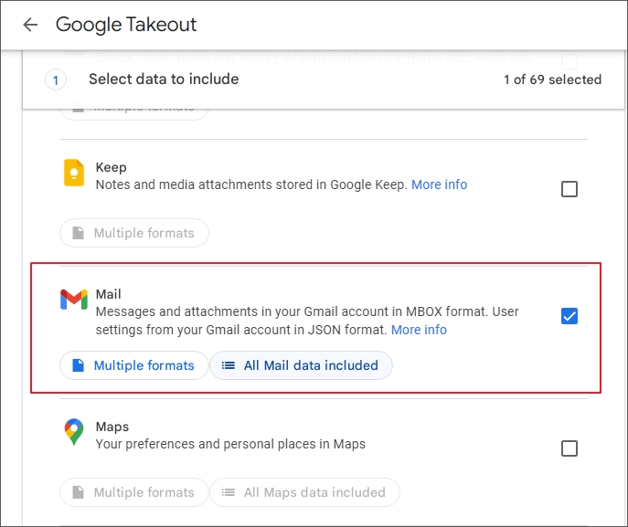 select all mail data included