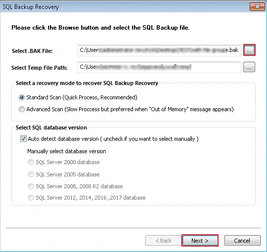 Add the corrupt .bak file