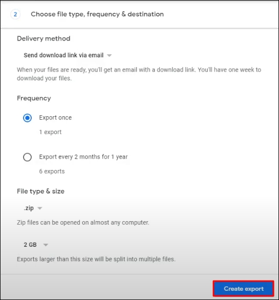 click Create export