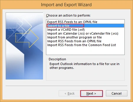 Select export to a file option