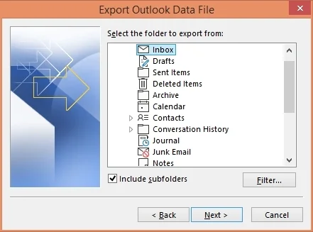 Select folder to export from option