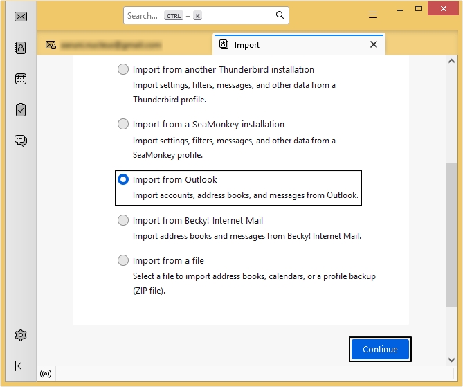 Select import from Outlook