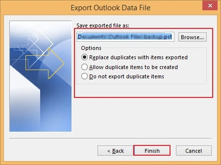 Provide location to save PST file