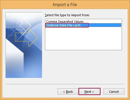 Select Outlook Data file (.pst)